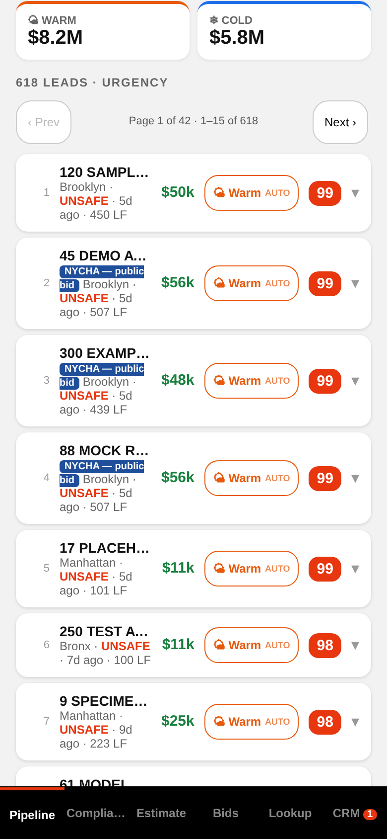 FacadeRadar pipeline of scored unsafe-facade leads